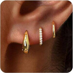Gold Silver Huggie Hoop Earrings Set Small CZ Hypoallergenic Piercing